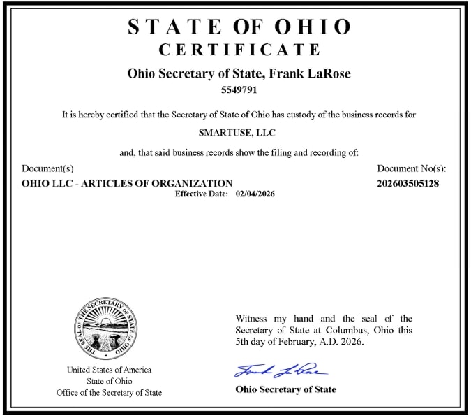Ohio Articles of Organization for SmartUse LLC — display only, not for reproduction